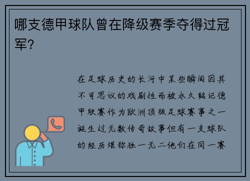 哪支德甲球队曾在降级赛季夺得过冠军？