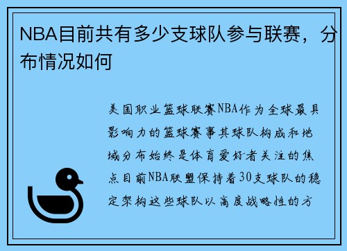 NBA目前共有多少支球队参与联赛，分布情况如何
